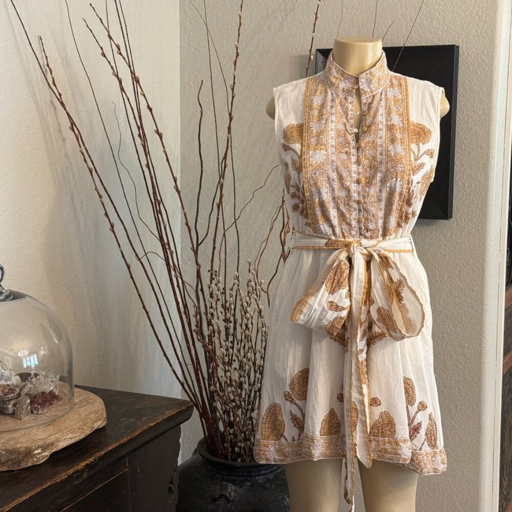 SUE SARTOR Hand Made Block Printed Brown&Cream Floral&Vines FLOUNCE DR.
